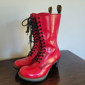 Dr. Martens Cherry Red Patent Leather Dee Heeled Boots 14 Eye Sz 11 US Womens